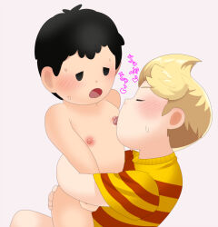 ass ass_grab bare_hips bare_legs black_har blonde_hair blush elementary_schoolboy embarrassed grabbing_another&#039;s_ass groping hug legs licking licking_nipple lucas_(mother_3) moaning mother_(series) mother_2 mother_3 ness_(mother_2) nintendo nipple_stimulation nipples nude saliva shirt sjsj_10 striped_clothes striped_shirt super_smash_bros. sweat tongue tongue_out yaoi