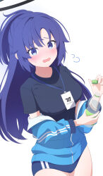 1girl absurdres black_shirt blue_archive blue_buruma blue_eyes blue_hair blue_jacket blush bottle buruma commentary fortysansan halo highres holding holding_bottle jacket jacket_partially_removed long_hair mechanical_halo millennium_science_school_logo shirt simple_background solo water_bottle white_background yuuka_(blue_archive) yuuka_(track)_(blue_archive)