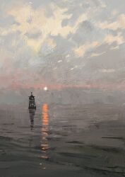 Rule 34 | buoy, cloud, cloudy sky, grey sky, highres, horizon, no humans, original, reflection, reflective water, scenery, shadow, sky, slow d, sun, sunlight, water
