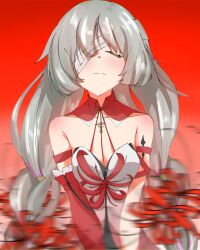 1girl absurdres anzsu bandage_over_one_eye bare_shoulders blush braid breasts closed_eyes closed_mouth commentary dress facing_viewer highres low_twin_braids medium_breasts phrolova_(wuthering_waves) red_background red_dress solo tacet_mark_(wuthering_waves) twin_braids upper_body wuthering_waves