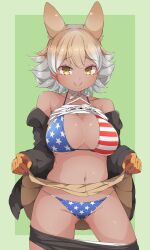 1girl american_flag american_flag_bikini american_flag_print animal_ears bare_shoulders bikini bikini_under_clothes breasts brown_hair c: closed_mouth clothes_lift clothes_pull collarbone cowboy_shot coyote_(kemono_friends) dark-skinned_female dark_skin drias extra_ears flag_print flag_print_bikini flashing furrowed_brow gloves grey_hair groin highres kemono_friends kemono_friends_v_project large_breasts legs_apart lifting_own_clothes light_brown_hair long_sleeves looking_at_viewer medium_hair multicolored_hair navel off_shoulder open_clothes open_shirt parted_bangs print_bikini print_swimsuit shirt_lift shirt_under_shirt shorts shorts_pull skirt skirt_lift smile solo stomach swimsuit virtual_youtuber yellow_eyes