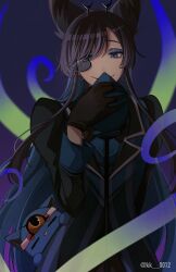 Rule 34 | 1girl, ado (utaite), adorozatorumary, black dress, black hair, blue eyes, blue hair, chando (ado), colored inner hair, commentary, dress, english commentary, highres, keeko (kk 0012), long hair, long sleeves, looking at viewer, mole, mole under eye, monocle, multicolored hair, parody request, sailor collar, solo, utaite