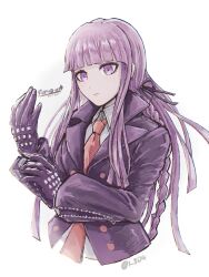 1_3d4 1girl black_gloves black_ribbon braid collared_shirt danganronpa:_trigger_happy_havoc danganronpa_(series) gloves hair_ribbon highres jacket kirigiri_kyoko long_hair long_sleeves looking_at_viewer necktie open_clothes open_jacket pink_eyes pink_hair ribbon shirt side_braid simple_background solo white_background white_shirt