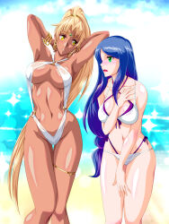 2girls :o absurdres akuron_(acllon) armpits arms_behind_head bangle beach bikini blonde_hair blue_hair blush bracelet breasts character_request circlet dark_skin day earrings from_side gold_thighlet green_eyes highres hoop_earrings jewelry long_hair low-tied_long_hair medium_breasts multiple_girls o-ring outdoors palace_(sennen_sensou_aigis) ponytail sasha_(sennen_sensou_aigis) sennen_sensou_aigis slingshot_swimsuit swimsuit tan very_long_hair white_bikini