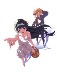 2girls absurdres astra_yao basket black_hair blonde_hair blunt_bangs breasts dress evelyn_chevalier floating_hair highres holding holding_basket hood hoodie long_hair looking_at_viewer looking_up multiple_girls red_eyes teabaek white_dress zenless_zone_zero