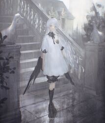 1girl absurdres bird black_ribbon black_shoes black_socks black_wings brown_eyes closed_mouth commentary dress expressionless full_body grey_background grey_hair highres house long_hair looking_at_viewer low_wings neck_ribbon original outdoors ribbon shoes socks solo stairs standing statue white_dress wings yuzu_(yuzusuke10)