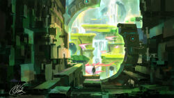1boy animal chinnkun fantasy flying_whale from_behind green_theme holding holding_staff landscape original painterly ruins signature staff whale