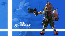 1boy absurdres blue_background boots fingerless_gloves fox_boy fox_mccloud full_body furry gloves green_eyes gun handkerchief helmet highres holding holding_weapon nin_nakajima nintendo one_eye_covered pants radar smile star_fox super_smash_bros. tail vest weapon