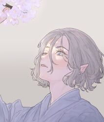 1boy bags_under_eyes blush dungeon_meshi elf flower grey_background grey_eyes grey_hair grey_kimono highres japanese_clothes kimono lazy_eye male_focus mchi125 mithrun notched_ear open_mouth pink_flower pointy_ears portrait short_hair simple_background solo uneven_eyes wavy_hair