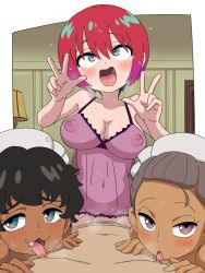 1boy 3girls :3 ahegao amate_yuzuriha babydoll black_hair blue_eyes blush breasts clothed_female_nude_male clothed_sex commentary_request covered_erect_nipples cowgirl_position dark-skinned_female dark_skin double_v faceless faceless_male fang girl_on_top green_eyes grey_hair gundam gundam_gquuuuuux happy happy_sex highres kanchana ketsumoa large_areolae large_breasts licking licking_nipple lingerie maid_headdress multiple_girls nipple_stimulation nipples nude open_mouth pov purple_babydoll purple_eyes red_hair see-through_clothes sex short_hair smile straddling textless_version underwear v vani_(gundam)