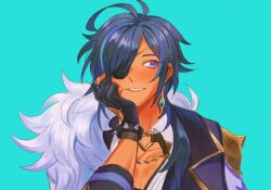 1boy antenna_hair aqua_background armband black_gloves blue_armband blue_eyes blue_hair bracelet cleavage_cutout clothing_cutout collared_shirt commentary dadadabibadum dark-skinned_male dark_skin earrings english_commentary eyepatch fingerless_gloves fur_trim genshin_impact gloves gold_trim hair_over_shoulder hand_up head_rest jewelry kaeya_(genshin_impact) lapels long_hair looking_at_viewer low_ponytail male_focus multicolored_hair one_eye_covered parted_bangs parted_lips pectoral_cleavage pectorals ponytail shirt sidelocks simple_background single_earring sleeve_cuffs smile solo spiked_bracelet spikes streaked_hair swept_bangs three-quarter_sleeves upper_body white_shirt