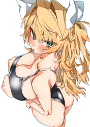 1girl black_one-piece_swimsuit blonde_hair blush breasts childhood_friend_(kz_oji) cupless_swimsuit from_above green_eyes huge_breasts kz_oji long_hair looking_at_viewer mole mole_on_breast mole_under_eye nipples one-piece_swimsuit original simple_background solo swimsuit twintails white_background
