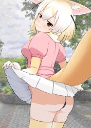 1girl anal anal_object_insertion animal_ear_fluff animal_ears ass blonde_hair blush breasts brown_eyes butt_plug cardigan closed_mouth commentary_request cowboy_shot curtsey fennec_(kemono_friends) fox_ears fox_girl fox_tail gloves highres illu_(illu_stratos) kemono_friends looking_at_viewer looking_back medium_breasts miniskirt no_panties object_insertion photo_background pink_cardigan pleated_skirt sex_toy short_hair short_sleeves skindentation skirt smile solo tail thighhighs white_gloves yellow_thighhighs