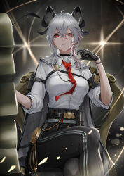 1girl arm_pouch armband black_armband black_choker black_gloves black_horns black_jacket black_pants black_pouch black_tail breasts button_gap chest_harness choker collared_shirt commentary crossed_legs curled_horns demon_tail earrings gloves grey_hair hair_between_eyes hand_up harness high-waist_pants highres holding holding_shield horns jacket jacket_on_shoulders jewelry key_earrings large_breasts long_hair looking_at_viewer marumoru multicolored_hair necktie on_chair pants red_eyes red_necktie shield shirt shirt_tucked_in sitting solo streaked_hair tail white_shirt wuthering_waves zani_(wuthering_waves)