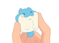 Rule 34 | 1other, :3, alternate size, animal focus, cheek squash, closed eyes, closed mouth, fangs, food, food on face, gen 3 pokemon, highres, mixed-language commentary, nintendo, pokemon, pokemon (creature), pokemon focus, simple background, smile, solo focus, spheal, uroko (rwde4544), white background