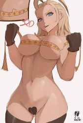 1girl blonde_hair blue_eyes breasts cameltoe female_focus functionally_nude gloves gluteal_fold antenna_hair heart_maebari highres kingdom_hearts large_breasts larxene looking_at_viewer maebari measuring medium_hair mirai_hikari navel skindentation solo square_enix tape_measure thick_thighs thighhighs thighs wide_hips