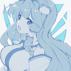 1girl :d bare_shoulders blush_stickers breasts collared_shirt detached_sleeves double-parted_bangs frog_hair_ornament from_side hair_intakes hair_ornament hair_tubes highres kochiya_sanae large_breasts long_hair long_sleeves looking_at_viewer nazawa_(nother) open_mouth pale_color shirt simple_background single_hair_tube single_sidelock sleeveless sleeveless_shirt smile snake_hair_ornament solo touhou two-tone_background upper_body wide_sleeves wing_collar