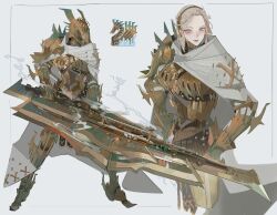 1girl absurdres armor blonde_hair brown_armor cloak full_armor full_body headband highres jin_dahaad jin_dahaad_(armor) medium_hair monster_hunter_(character) monster_hunter_(series) monster_hunter_wilds nslacka original pauldrons shoulder_armor single_pauldron solo spiked_armor steam weapon yellow_eyes
