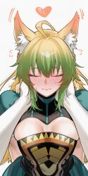1girl 1other absurdres ahoge animal_ear_fluff arms_behind_back atalanta_(fate) blush breasts cleavage closed_eyes commentary dress elbow_gloves english_commentary fate/apocrypha fate_(series) full-face_blush gloves gradient_hair heart highres kamisato_sora long_hair multicolored_hair shy simple_background sweat very_long_hair white_background white_gloves