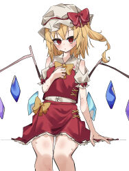 Rule 34 | 1girl, absurdres, ascot, blonde hair, blush, bow, closed mouth, crystal, feet out of frame, flandre scarlet, hair between eyes, hat, hat ribbon, highres, looking at viewer, miraruuts1231, mob cap, puffy short sleeves, puffy sleeves, red eyes, red skirt, red vest, ribbon, shirt, short hair, short sleeves, side ponytail, simple background, sitting, skirt, solo, sweat, touhou, vest, white background, wings, yellow ascot