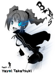 Rule 34 | 1girl, bad id, bad pixiv id, black rock shooter, black rock shooter (character), black rock shooter (cosplay), blue theme, breasts, cosplay, eunos, female focus, idolmaster, idolmaster (classic), idolmaster 1, medium breasts, monochrome, sideboob, solo, spot color, takatsuki yayoi, twintails