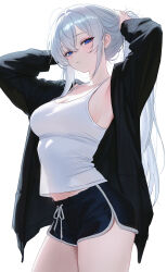 1girl absurdres arms_behind_head arms_up black_jacket black_shorts blue_eyes breasts camisole cleavage cowboy_shot dolphin_shorts drawstring earrings highres jacket jewelry long_hair long_sleeves looking_at_viewer medium_breasts midriff_peek mole mole_on_breast mole_on_thigh mole_under_eye mole_under_mouth mumu_muw off_shoulder open_clothes open_jacket original ponytail see-through_silhouette shirt shirt_overhang short_shorts shorts sideboob simple_background sleeveless sleeveless_shirt solo spaghetti_strap standing thighs tying_hair very_long_hair white_background white_hair white_shirt