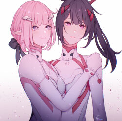 2girls absurdres artist_name blue_eyes bodysuit breasts catandcrumbles commentary elf elysia_(honkai_impact) english_commentary highres honkai_(series) honkai_impact_3rd horns long_hair medium_breasts multiple_girls pink_hair pointy_ears purple_eyes purple_hair raiden_mei raiden_mei_(herrscher_of_thunder) red_horns short_hair simple_background skin_tight upper_body white_background white_bodysuit yuri