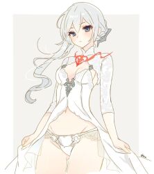 1girl annoyed bad_id bad_twitter_id blue_eyes blush border closed_mouth curtsey dress frilled_panties frills hair_ornament long_hair looking_at_viewer navel panties pout shiro_snow short_hair simple_background single_sidelock sinoalice snow_white_(sinoalice) solo underwear white_border white_dress white_panties