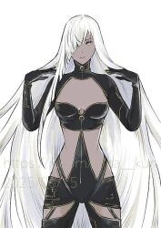 1girl artist_name black_shrug breasts closed_mouth dark-skinned_female dark_skin hair_over_one_eye long_hair mita_kun nier_(series) nier_reincarnation shrug_(clothing) simple_background small_breasts solo standing very_long_hair watermark web_address white_background white_hair yellow_eyes yurie_(nier)