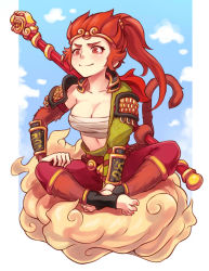 1girl armor bare_shoulders blue_sky body_fur breasts cleavage closed_mouth cloud collarbone commentary dota_(series) dota_2 english_commentary genderswap genderswap_(mtf) holding holding_with_tail journey_to_the_west monkey_tail prehensile_tail red_eyes red_hair sieyarelow sitting sky smile solo staff sun_wukong tail