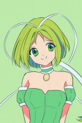 1girl absurdres breasts choker closed_mouth detached_sleeves female_focus green_background green_choker green_eyes green_hair green_leotard green_theme hair_tubes highres leotard magical_girl medium_breasts mew_lettuce midorikawa_lettuce parted_bangs puffy_detached_sleeves puffy_sleeves short_hair simple_background smile solo tokyo_mew_mew yaya_chan