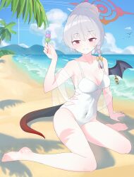 1girl :d absurdres bare_legs bare_shoulders barefoot beach bird blue_archive blue_sky blush bow braid breasts casual_one-piece_swimsuit chinese_commentary cleavage cloud collarbone commentary_request covered_navel cumulonimbus_cloud dango day demon_girl demon_tail demon_wings food full_body grey_hair grin hair_between_eyes hair_bow hair_bun halo hand_up happy haruna_(blue_archive) haruna_(swimsuit)_(blue_archive) highleg highleg_one-piece_swimsuit highres holding holding_food lcz looking_at_viewer medium_breasts medium_hair ocean official_alternate_costume official_alternate_hairstyle one-piece_swimsuit open_mouth outdoors palm_tree piercing red_eyes red_halo sanshoku_dango seagull see-through_clothes see-through_shawl shadow shawl single_braid single_hair_bun single_wing sitting sky smile solo swimsuit tail thighs toes tree tsurime wagashi wariza white_one-piece_swimsuit white_shawl wing_piercing wings yellow_bow