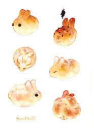 animal animal_focus baby_animal bread bread_bun commentary english_commentary food food-themed_creature hot_cross_bun no_humans original painting_(medium) powdered_sugar pretzel pun rabbit simple_background sleepimali traditional_media watercolor_(medium) white_background