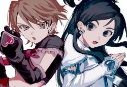 Rule 34 | 2girls, black eyes, black hair, bridal gauntlets, brown eyes, brown hair, clenched hand, cure black, cure white, earrings, eyelashes, futari wa precure, heart, heart earrings, highres, jewelry, long hair, looking at viewer, magical girl, midriff, multiple girls, open mouth, ponytail, precure, short hair, simple background, sparkle, white background, yadu nadu
