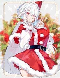 1girl absurdres au_ra breasts dragon_girl dragon_horns dress final_fantasy final_fantasy_xiv fur-trimmed_dress fur_trim hat highres horns looking_at_viewer motsuni_(lxxe1120) red_eyes santa_costume santa_dress santa_hat scales short_hair solo v warrior_of_light_(ff14) white_hair