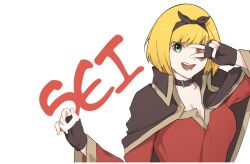 Rule 34 | black hairband, blonde hair, bow hairband, breasts, brown cloak, brown gloves, cleavage, cloak, cosplay, dress, eyepatch, fingerless gloves, gloves, green eyes, hairband, kono subarashii sekai ni shukufuku wo!, large breasts, mato seihei no slave, megumin, megumin (cosplay), red dress, saikiseiya, short hair, simple background, suruga shushu, v, white background