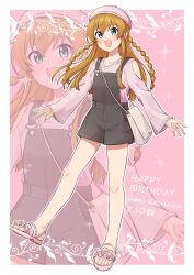 Rule 34 | 1girl, :d, \||/, absurdres, bag, bare legs, beret, black overalls, blue eyes, blush, border, braid, character name, clothing cutout, collarbone, commentary request, covered groin, dated, fingernails, floating hair, frilled footwear, frills, full body, hair between eyes, handbag, happy birthday, hat, highres, idolmaster, idolmaster million live!, kousaka umi, leg up, long hair, long sleeves, looking at viewer, ngetyan, open mouth, orange hair, outline, outside border, overall shorts, overalls, pink background, pink hat, pink sandals, pink shirt, raised eyebrows, sandals, shirt, shoulder bag, shoulder cutout, sidelocks, smile, standing, standing on one leg, toenails, toes, twin braids, white bag, white border, white outline, zoom layer