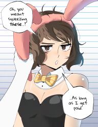 1girl absurdres animal_ears bare_shoulders black_leotard bow bowtie breasts brown_eyes brown_hair detached_collar fake_animal_ears gjh highres kawakami_sadayo leotard open_mouth persona persona_5 playboy_bunny rabbit_ears short_hair solo strapless strapless_leotard tan tanline
