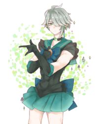 Rule 34 | 1boy, alhaitham (genshin impact), bishoujo senshi sailor moon, black gloves, choker, covered abs, cowboy shot, crossdressing, crossdressing (mtf), elbow gloves, frown, genshin impact, gloves, green eyes, green sailor collar, green skirt, grey hair, hair over one eye, highres, kozue renka, looking at viewer, male focus, parody, pleated skirt, sailor collar, sailor senshi uniform, short hair, skirt, solo, tsuki ni kawatte oshioki yo, white background