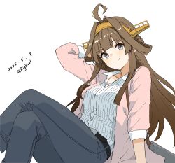 1girl absurdres ahoge bigkwl black_pants brown_hair coat collared_shirt dated denim double_bun dress_shirt feet_out_of_frame hair_bun headgear highres jeans kantai_collection kongou_(kancolle) kongou_(nakau)_(kancolle) long_hair looking_at_viewer official_alternate_costume one-hour_drawing_challenge open_clothes open_coat pants pink_coat purple_eyes shirt simple_background sitting smile solo striped_clothes striped_shirt twitter_username white_background white_shirt