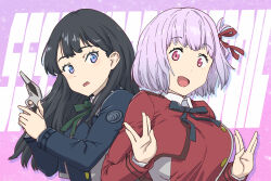 Rule 34 | 2girls, :d, alternate costume, black hair, black ribbon, breasts, copyright name, double v, green ribbon, gridman universe, gridman universe (film), highres, holding, holding weapon, large breasts, long hair, long sleeves, lycoris recoil, lycoris uniform, miyamoto yume, multiple girls, open mouth, pink eyes, red shirt, ribbon, shinjou akane, shirt, smile, ssss.gridman, takarada rikka, ueda reina, ueyama michirou, v, voice actor connection, weapon