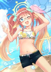 1girl :d alternate_costume armpits ball bare_shoulders beach beachball bikini blonde_hair blue_archive blue_eyes blush bow breasts commentary_request denim denim_shorts dutch_angle food_print fruit_print glasses hair_bow halo highres lemon_print long_hair looking_at_viewer micro_shorts milkmochi multicolored_hair navel ocean one_eye_closed open_mouth panties plaid_bow shimiko_(blue_archive) shorts small_breasts smile solo stomach swimsuit twintails underwear very_long_hair water_drop yellow_halo