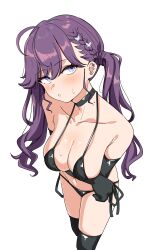 Rule 34 | 1girl, arm under breasts, bare shoulders, bikini, black bikini, black choker, black gloves, black thighhighs, blue eyes, blush, braid, breasts, butterfly hair ornament, choker, cleavage, collarbone, elbow gloves, gakuen idolmaster, gloves, hair ornament, highres, idolmaster, kaya rinha, large breasts, long hair, looking at viewer, mole, mole on neck, navel, purple hair, sanpaku, seihekiog, side-tie bikini bottom, simple background, solo, stomach, sweatdrop, swimsuit, thighhighs, thighs, twintails, white background