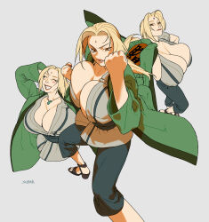1girl blonde_hair bouncing_breasts breasts brown_eyes closed_eyes facial_mark fighting_stance forehead_mark green_haori grey_background grey_kimono grin hair_intakes haori highres huge_breasts japanese_clothes kimono krokedrilo long_hair looking_at_viewer naruto_(series) projected_inset simple_background smile tsunade_(naruto) unaligned_breasts