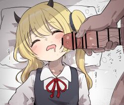 1boy 1girl asymmetrical_hair bar_censor blue_archive blue_dress censored closed_eyes commentary_request dress drooling flat_chest hetero highres ibuki_(blue_archive) loli lying male_masturbation masturbation mouth_drool on_back open_mouth penis pinafore_dress red_ribbon ribbon shirt side_ponytail sleep_molestation sleeping sleeveless sleeveless_dress sound_effects taitanic6242 veins veiny_penis white_shirt