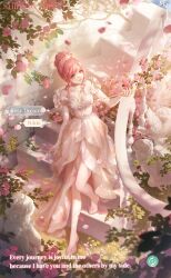 1girl angel_statue artist_request bare_legs bare_shoulders branch breasts brown_eyes bush cleavage dress flower flower_dress frilled_sleeves frills full_body hair_bun happy high_heels highres holding holding_wand jewelry long_dress looking_to_the_side necklace nikki_(nikki) nikki_(series) off-shoulder_dress off_shoulder official_art outdoors parted_lips petals pink_flower pink_hair pink_rose pink_shoes rainbow rose rose_petals rosy_dream_(shining_nikki) second-party_source shade shining_nikki shoes short_hair short_sleeves single_hair_bun smile solo stiletto_heels sunset swept_bangs tiara updo walking wand yellow_dress