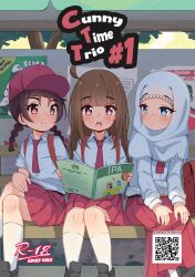 3girls ahoge backpack bag baseball_cap black_shoes blue_eyes book bow braided_twintails brown_hair bus_stop content_rating cover crossed_legs dot_nose english_text feet_out_of_frame hair_bow hat highres hijab indonesian_elementary_school_uniform long_hair long_skirt looking_at_another looking_at_viewer luxuriou_s multiple_girls necktie on_bench open_book open_mouth original pink_eyes poster_(object) qr_code randoseru rara_(luxuriou_s) red_bag red_bow red_necktie red_skirt school_uniform shelli_(luxuriou_s) shirt shoes sitting skirt smile socks textbook white_shirt white_socks