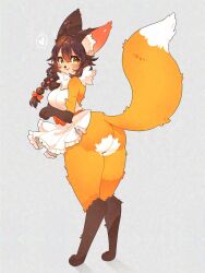1girl :3 adversarial_noise ahoge animal_ear_fluff animal_ears animal_feet animal_hands animal_nose apron ass bare_shoulders barefoot blush body_fur bow braid breasts brown_fur brown_hair female_focus fox_ears fox_girl fox_tail frilled_apron frills from_behind full_body furry furry_female green_eyes grey_background hair_bow hands_up happy heart highres knees_together_feet_apart legs long_hair looking_at_viewer looking_back medium_breasts multicolored_fur naked_apron neck_fur open_mouth orange_bow orange_fur original pawpads sidelocks simple_background single_braid smile solo speech_bubble spoken_heart standing tail tail_raised thick_thighs thighs toconikky waving white_apron white_fur