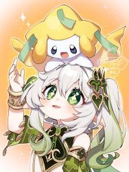 1girl absurdres arm_at_side armlet armpit_crease asymmetrical_sidelocks blush bracelet cape colored_eyelashes creature_on_head cross-shaped_pupils crossover detached_sleeves diffraction_spikes dress gen_3_pokemon genshin_impact gold gold_trim green_cape green_eyes green_hair green_pupils green_sleeves hair_between_eyes hair_ornament hand_up highres jewelry jirachi leaf leaf_hair_ornament legendary_pokemon long_hair looking_at_creature looking_up multicolored_hair mythical_pokemon nahida_(genshin_impact) nintendo oishii_sasa open_hand open_mouth pointy_ears pokemon pokemon_(creature) side_ponytail sidelocks simple_background sparkle streaked_hair symbol-shaped_pupils twitter_username watermark white_dress white_hair yellow_background