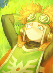 1boy absurdres arms_behind_head black_bodysuit blue_eyes bodysuit bug butterfly butterfly_on_nose cape commentary_request dragon_quest dragon_quest_ii goggles goggles_on_headwear green_tabard highres insect looking_at_animal lying male_focus nogo_(nogo_059) on_back on_grass orange_cape orange_hair prince_of_samantoria roto&#039;s_emblem short_hair solo tabard upper_body white_trim